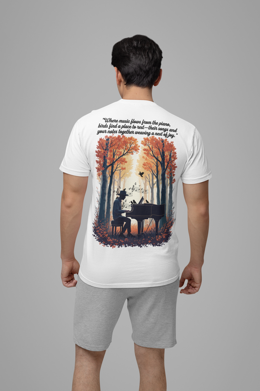 Music & Nature Harmony T-Shirt – Grand Piano in Autumn Forest Scene [Black Text]