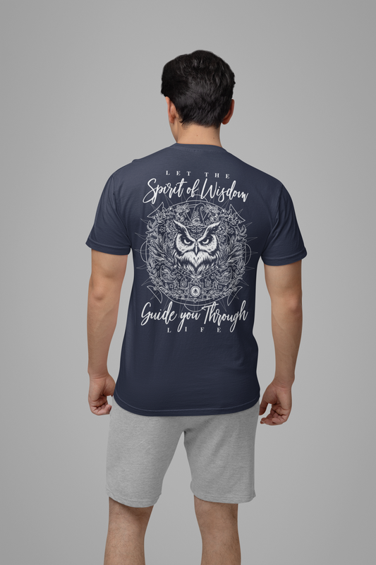 Spirit of Wisdom Owl T-Shirt – Wise Owl with Witch Hat and Medal [White Text]