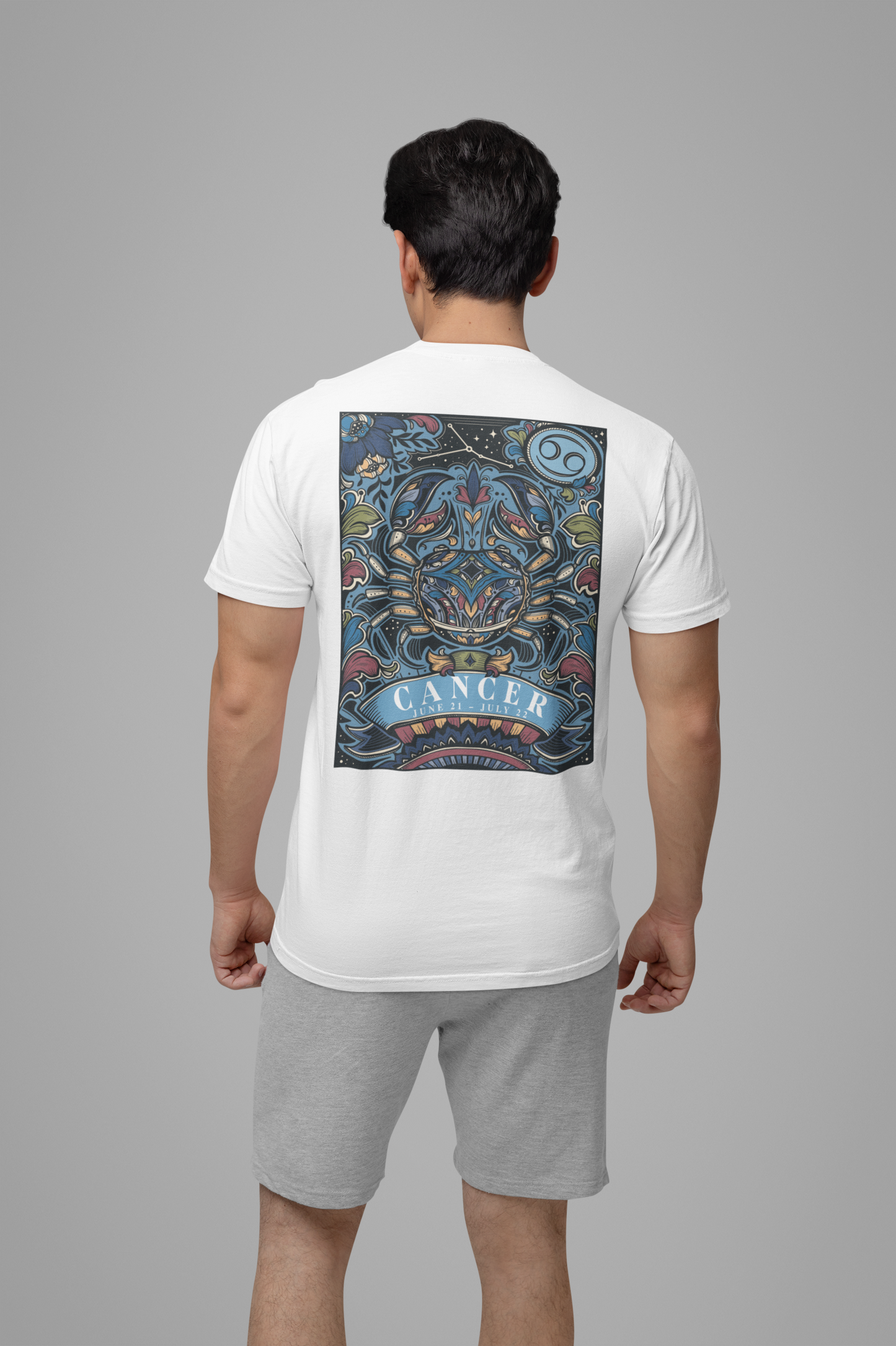 Colorful Cancer Zodiac T-Shirt – Crab with Constellation, Leaves & Flowers