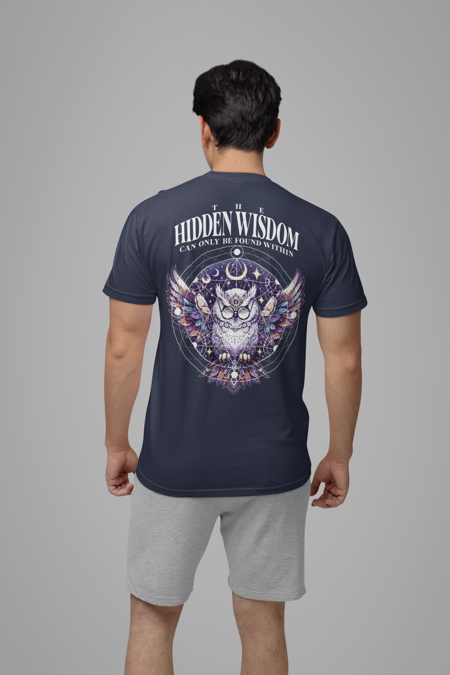 The Hidden Wisdom Within T-Shirt – Vibrant Flying Owl with Geometric Lines