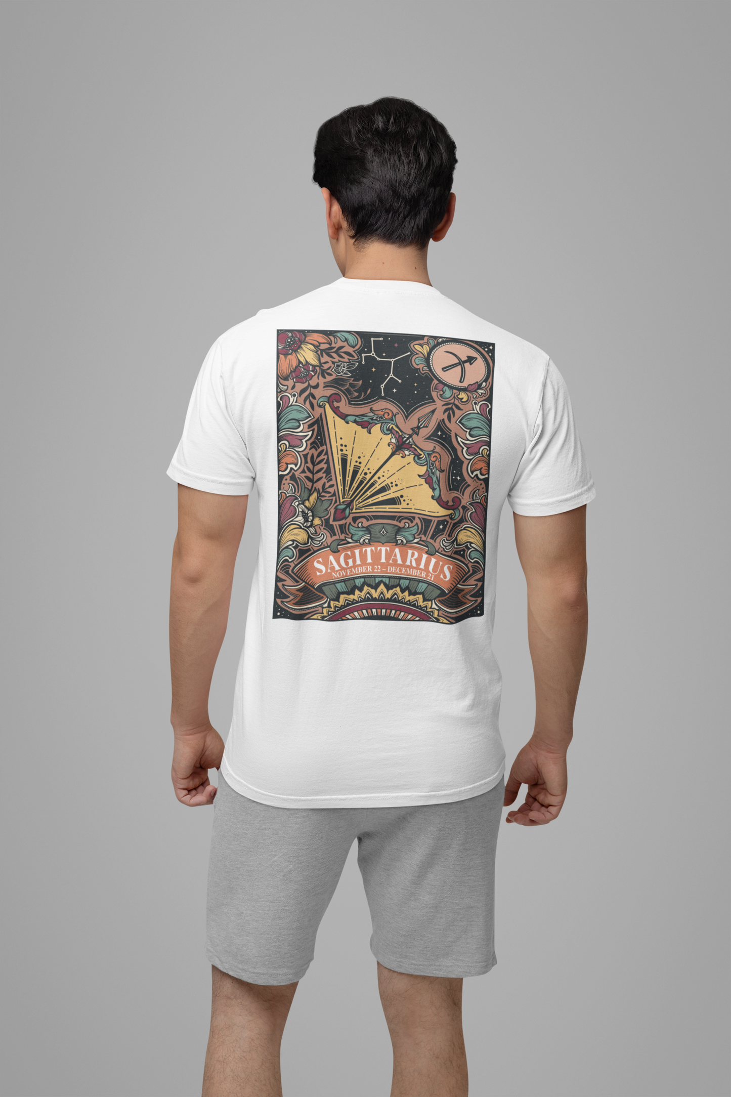 Sagittarius Zodiac T-Shirt – Constellation and Abstract Floral Design