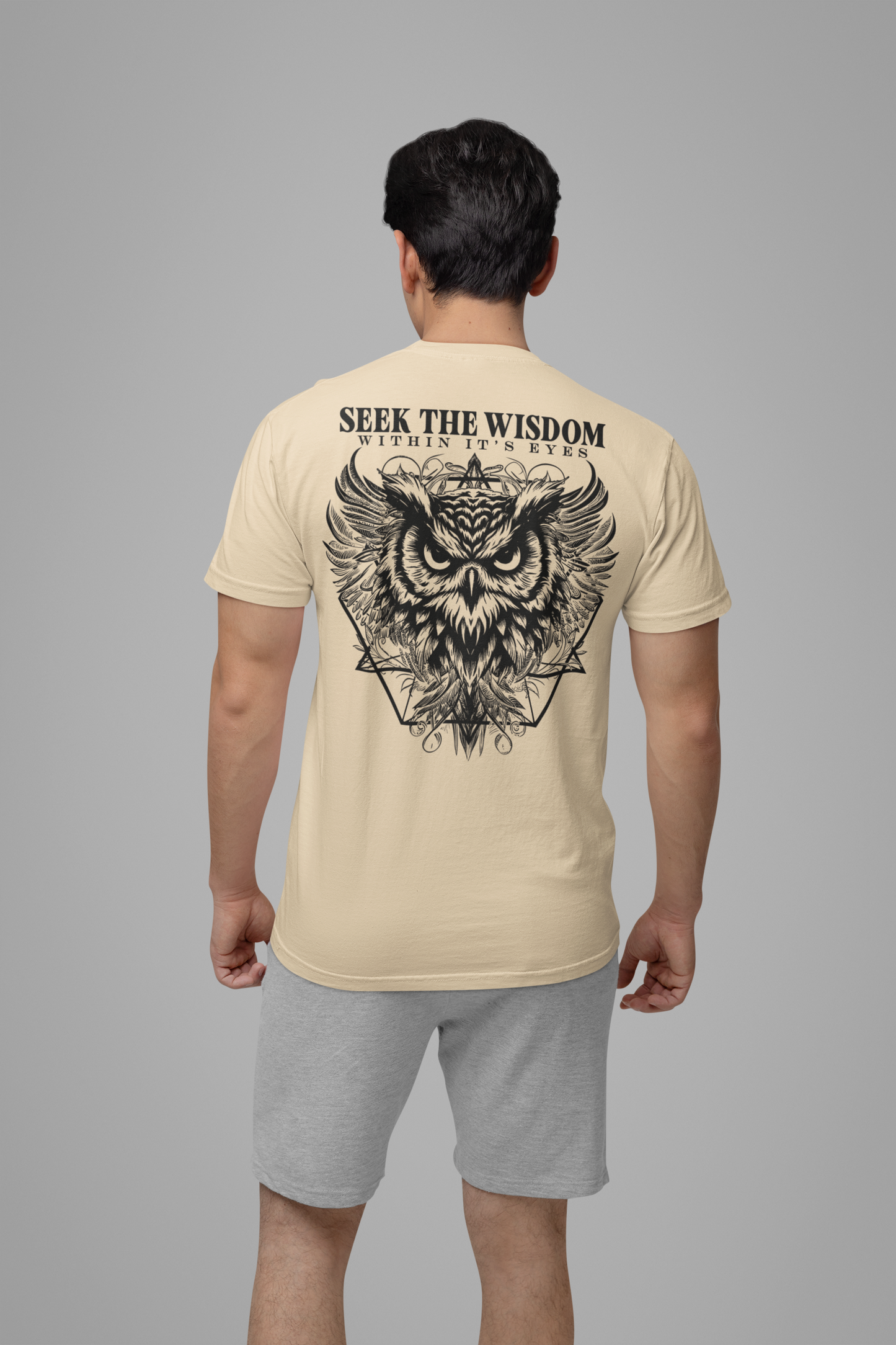 Spirit of Wisdom Owl T-Shirt – Wise Owl with Witch Hat and Medal [Black Text]