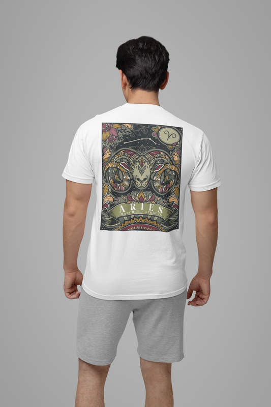 Aries Zodiac T-Shirt – Ram Head with Constellation and Floral Background