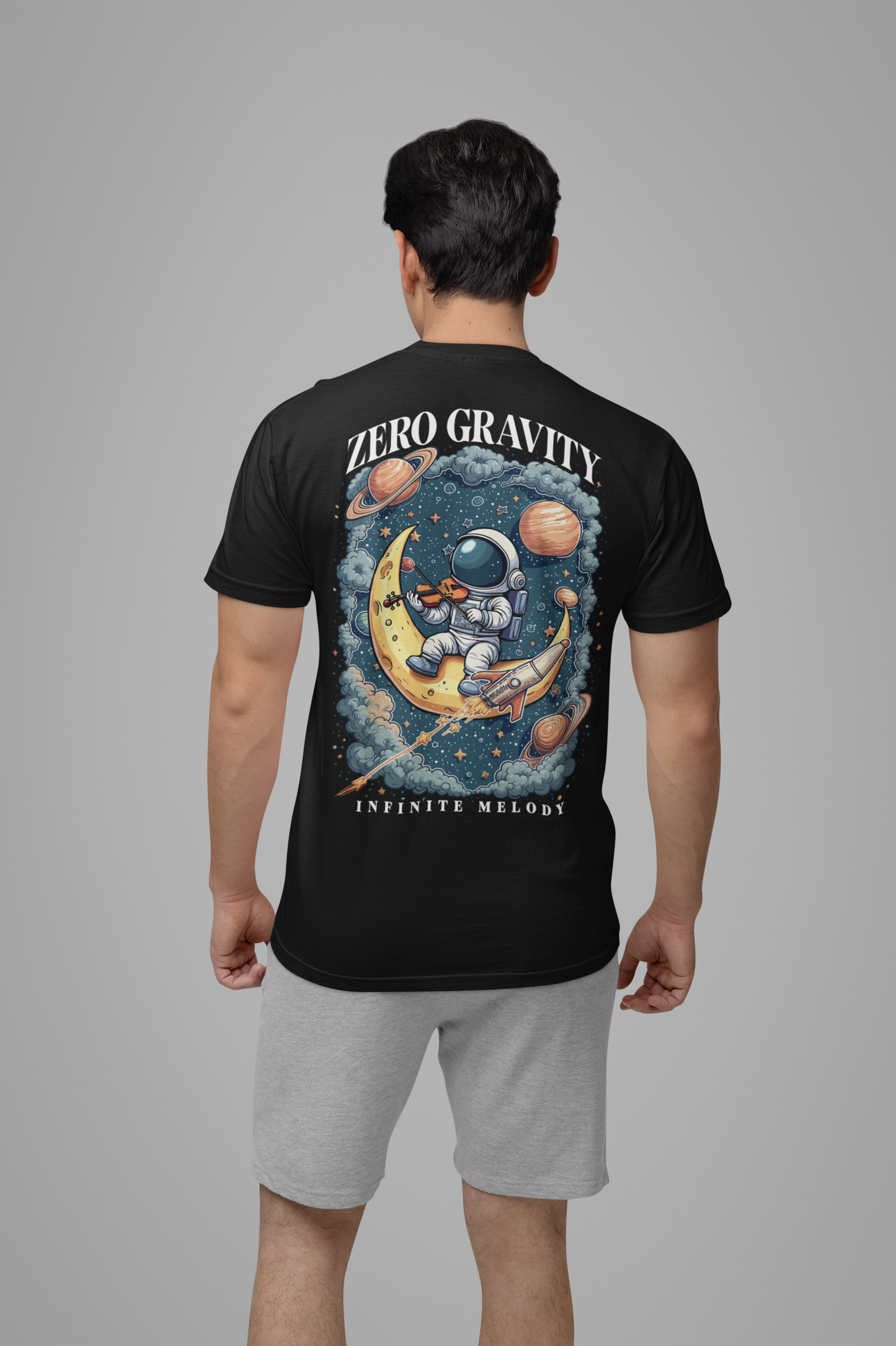 Zero Gravity Infinite Melody T-Shirt – Astronaut Violinist on Crescent Moon