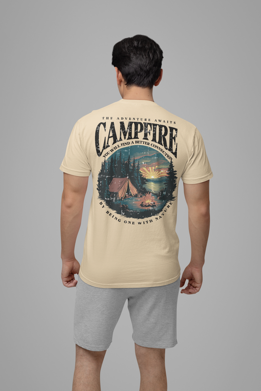 The Adventure Awaits Campfire T-Shirt – Forest Sunset Reflection Graphic