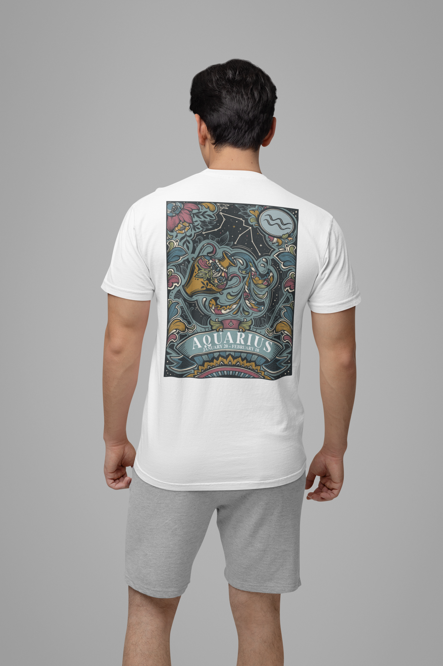 Aquarius Constellation & Floral Zodiac T-Shirt – January 20 to February 18