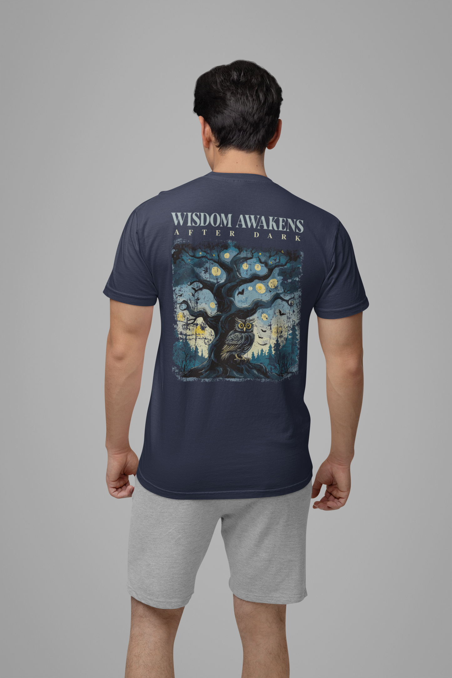 Wisdom Awakens After Dark T-Shirt – Night Owl and Moonlit Tree Graphic