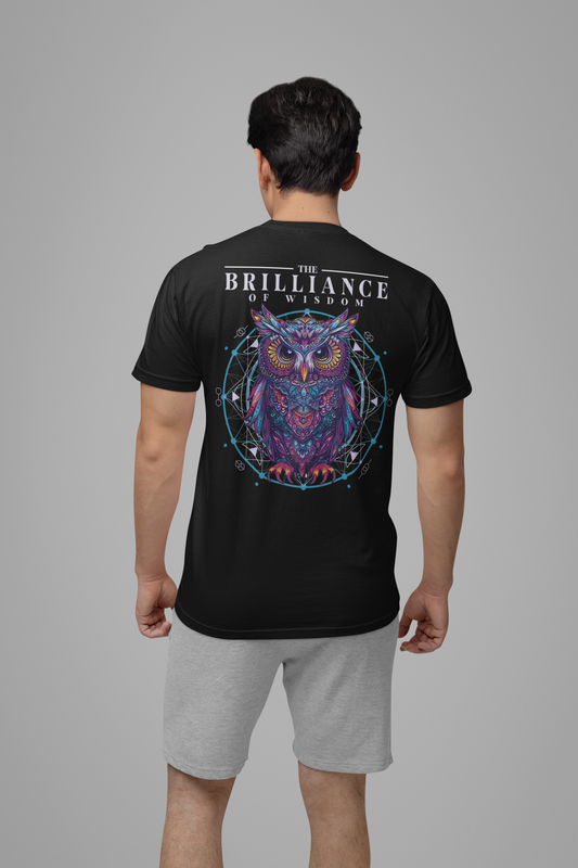 The Brilliance of Wisdom T-Shirt – Vibrant Owl with Geometric Art