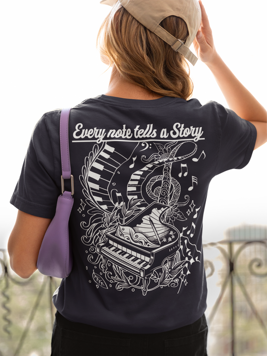 Grand Piano Story T-Shirt – Artistic Music Notes & Keys Graphic