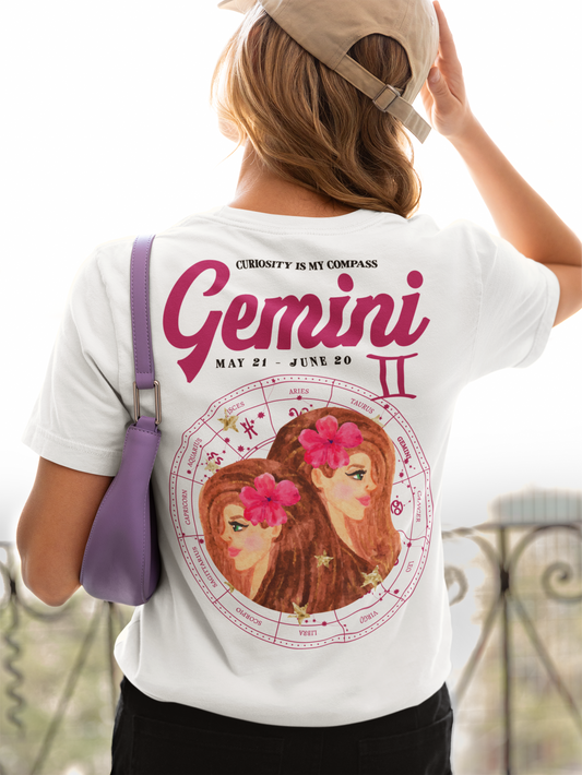 Gemini Curiosity Compass T-Shirt – Zodiac Twins with Astrological Wheel