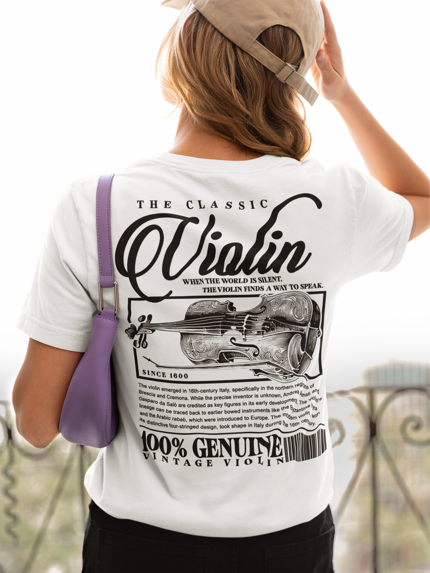 The Classic Violin T-Shirt – Vintage Instrument & 16th Century Story [Black Text]