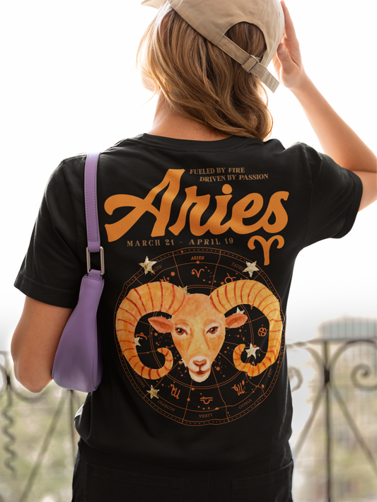 Aries Fueled by Fire T-Shirt – Ram Head with Zodiac Astrological Wheel