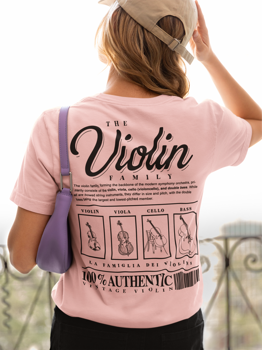 The Violin Family T-Shirt – Illustrated Guide to String Instrument Lineage [Violin, Viola, Cello, Bass]