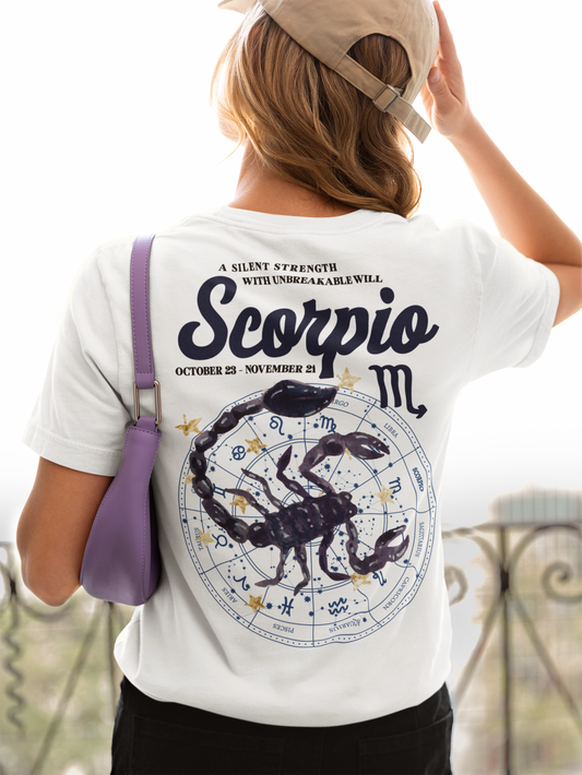 Scorpio Silent Strength T-Shirt – Scorpion with Zodiac Calendar Background
