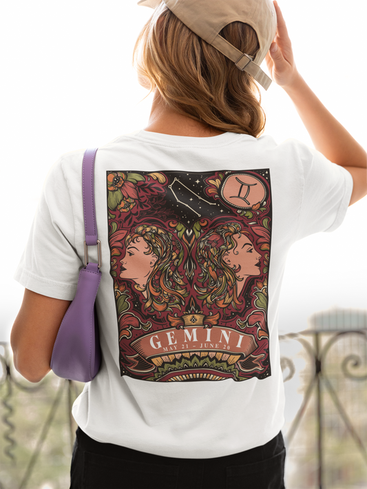 Gemini Zodiac T-Shirt – Ornate Twins with Constellation and Floral Design
