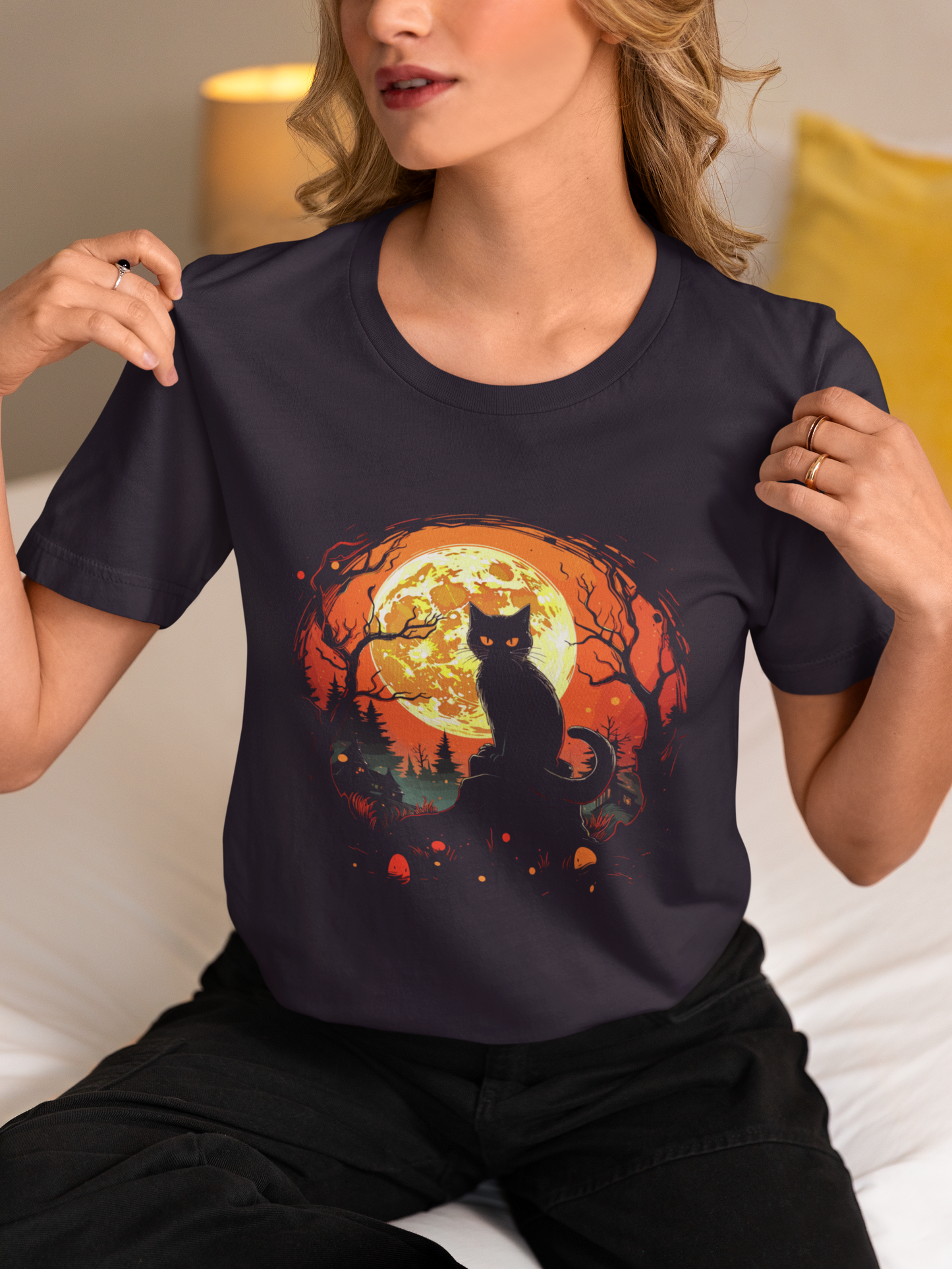 Black Cat Full Harvest Moon Halloween Night T-Shirt