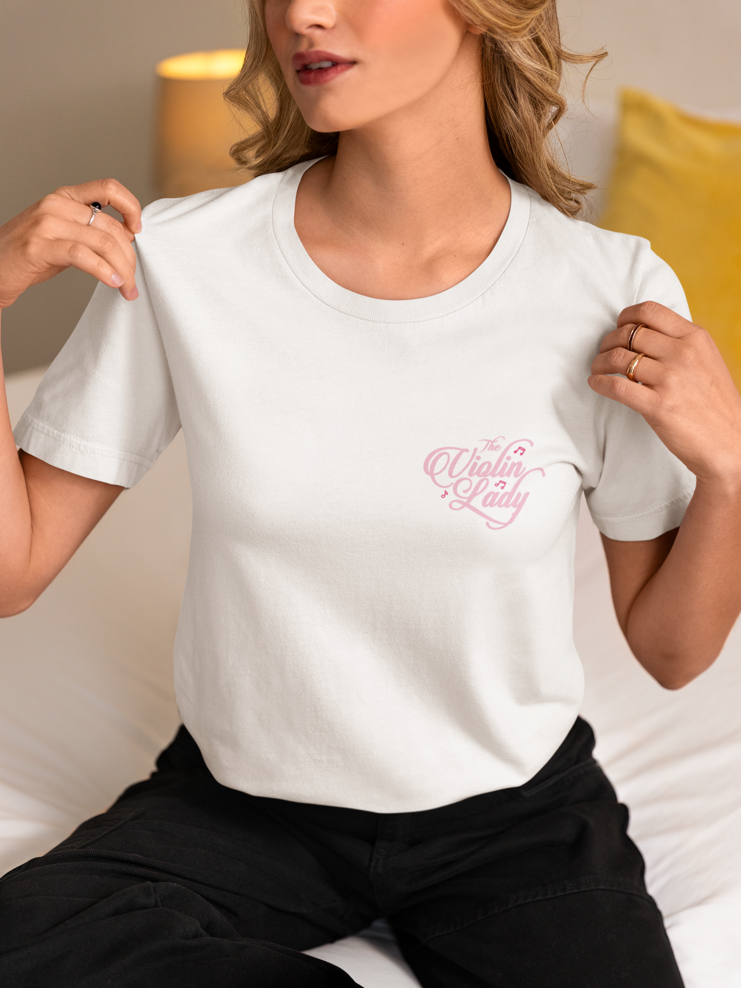 The Violin T-Shirt – Woman in Pink Dress with Flowers and Music Notes
