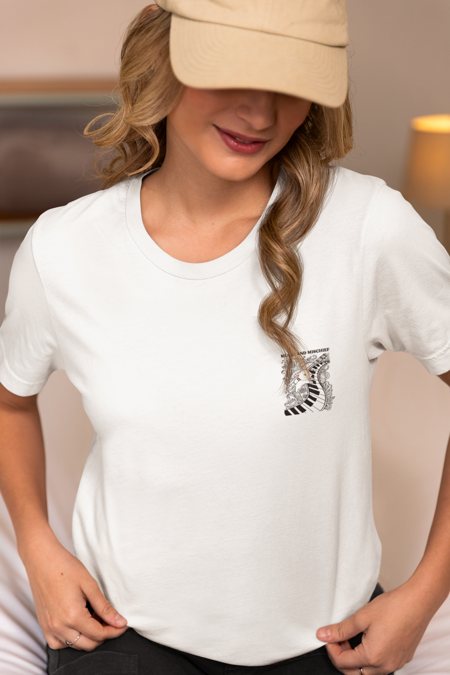 Music and Mischief T-Shirt – Piano and Playful Cat Graphic