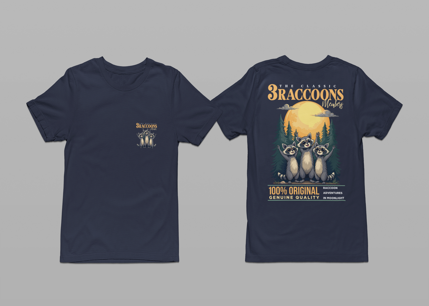 The Classic 3 Raccoon Members T-Shirt – Moonlight Racoon Adventure Graphic