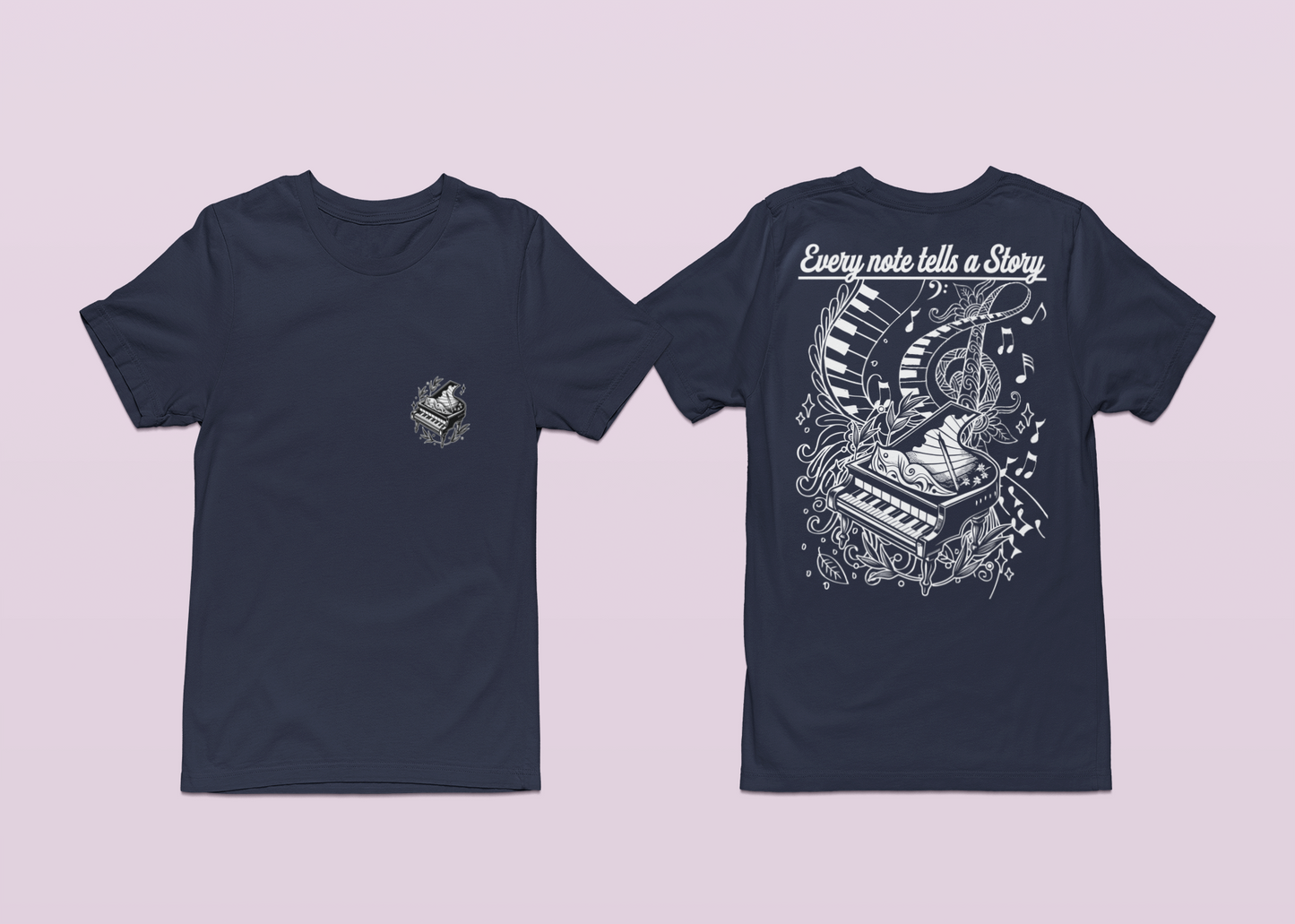 Grand Piano Story T-Shirt – Artistic Music Notes & Keys Graphic