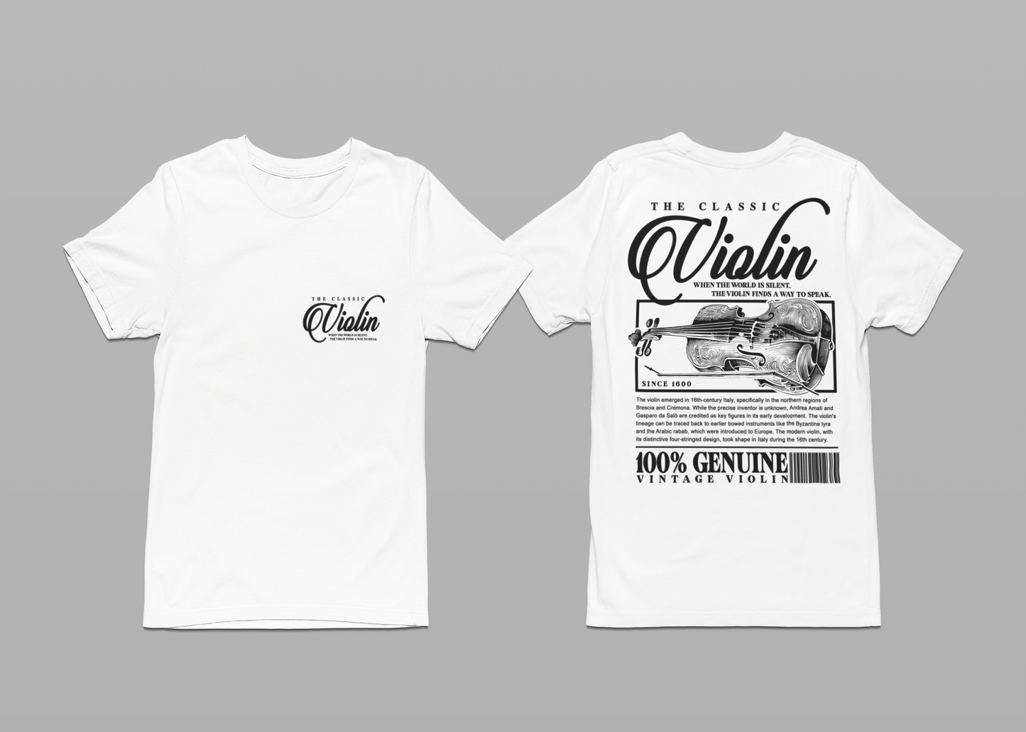 The Classic Violin T-Shirt – Vintage Instrument & 16th Century Story [Black Text]