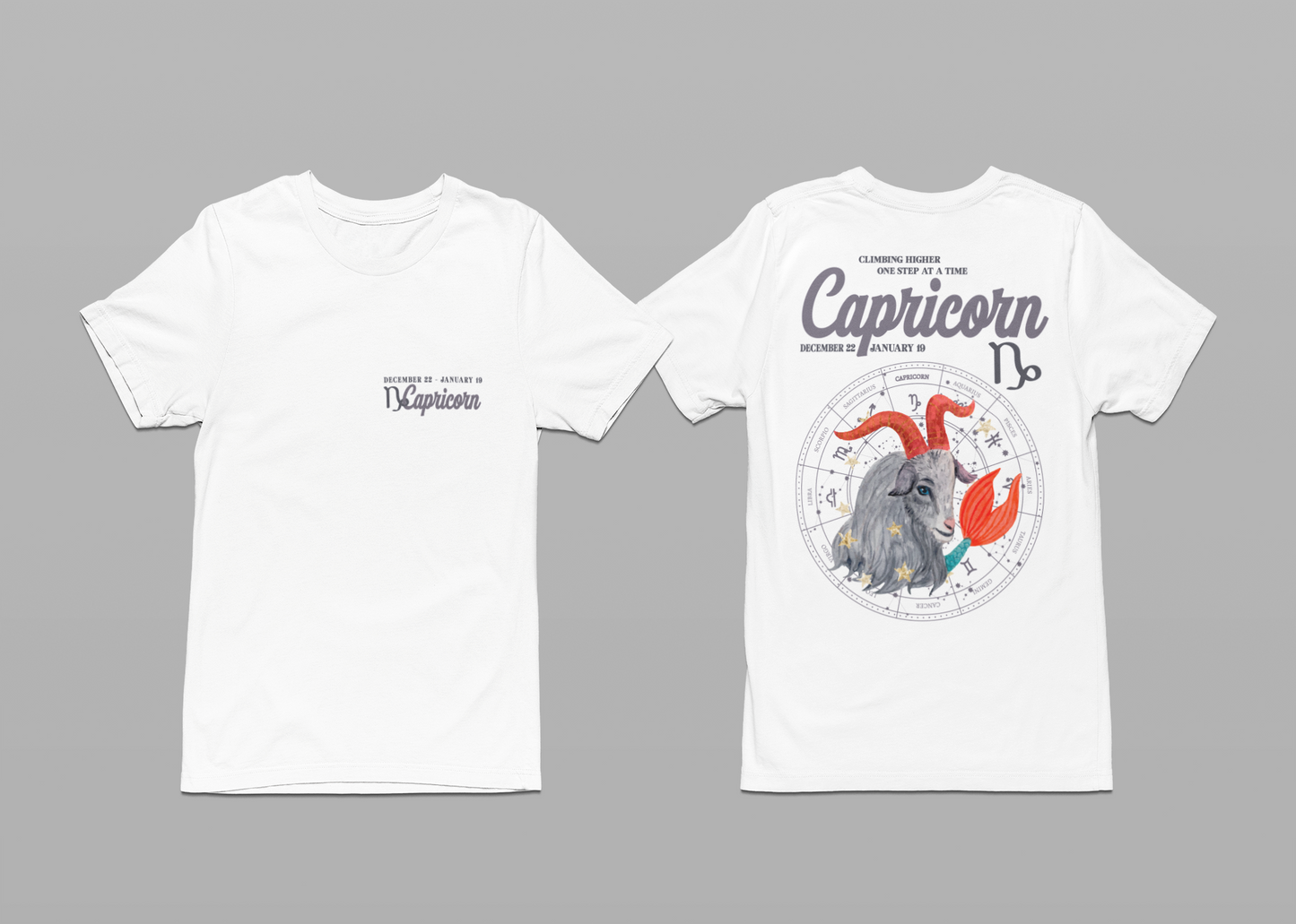 Capricorn Zodiac T-Shirt – Climbing Higher One Step At A Time Astrological wheel
