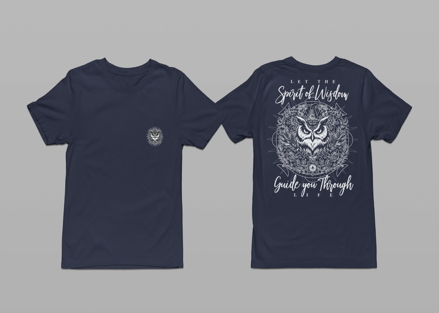 Spirit of Wisdom Owl T-Shirt – Wise Owl with Witch Hat and Medal [White Text]