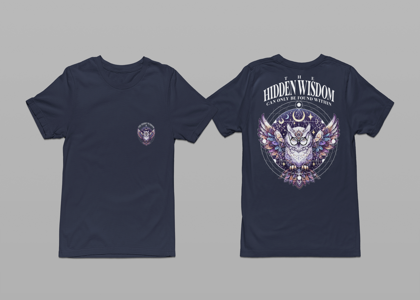 The Hidden Wisdom Within T-Shirt – Vibrant Flying Owl with Geometric Lines