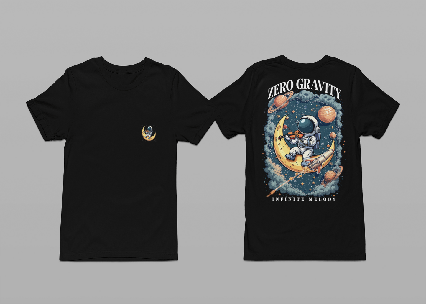 Zero Gravity Infinite Melody T-Shirt – Astronaut Violinist on Crescent Moon