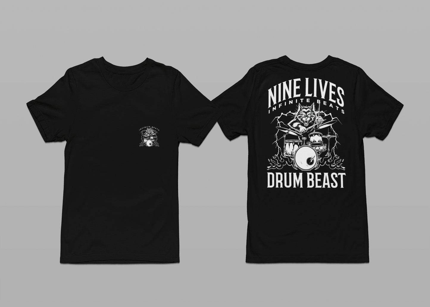 Nine Lives Infinite Beats DRUM BEAST T-Shirt – Furious Car Drum Machine Graphic