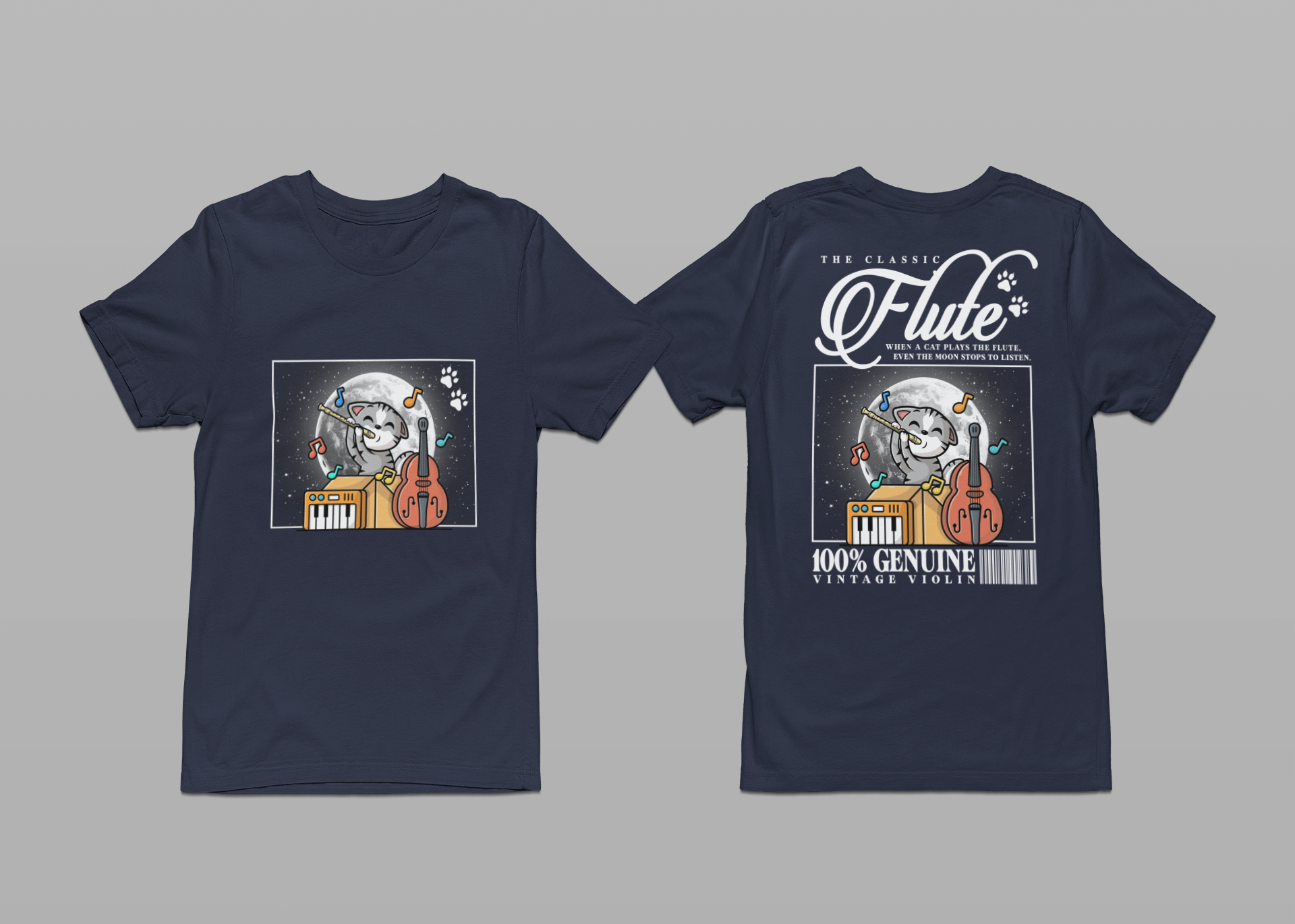 The Classic Flute Moonlight Cat Music T-Shirt