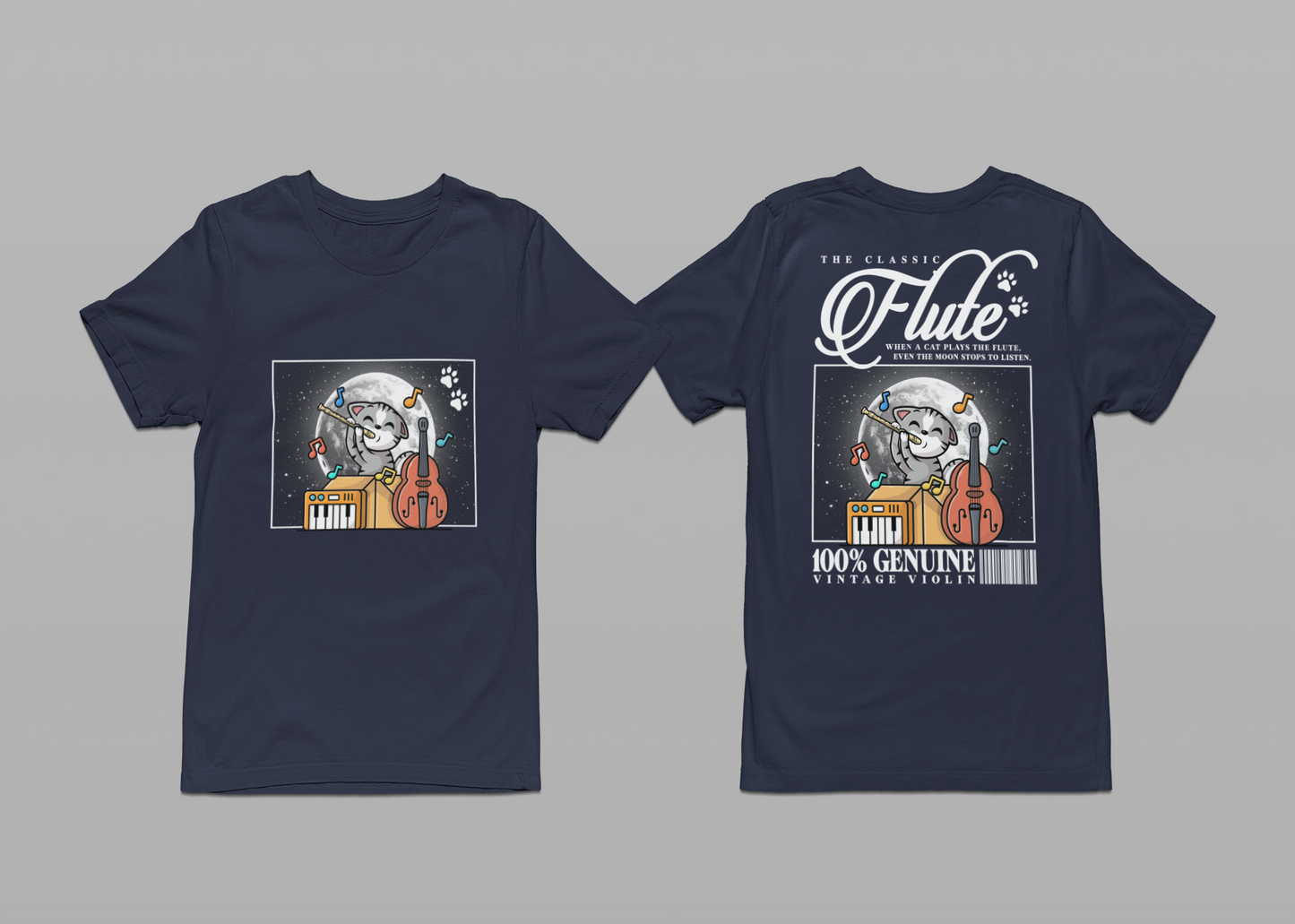 The Classic Flute Moonlight Cat Music T-Shirt