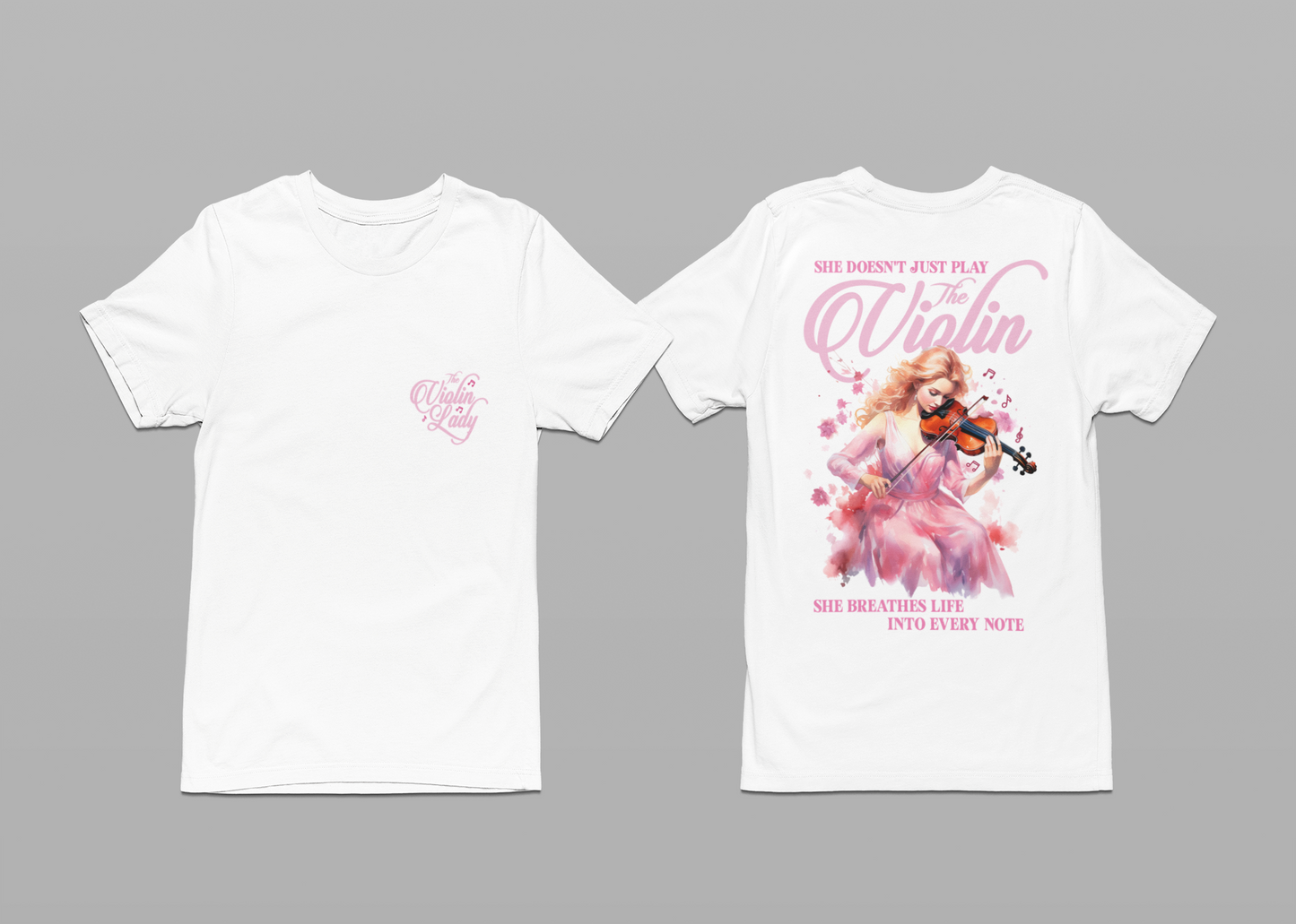 The Violin T-Shirt – Woman in Pink Dress with Flowers and Music Notes
