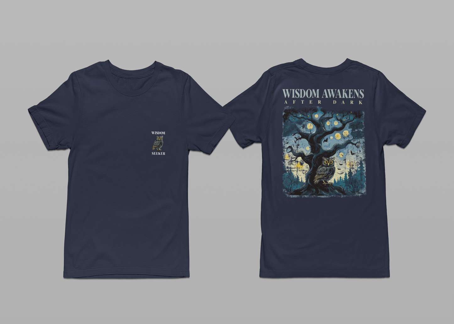 Wisdom Awakens After Dark T-Shirt – Night Owl and Moonlit Tree Graphic