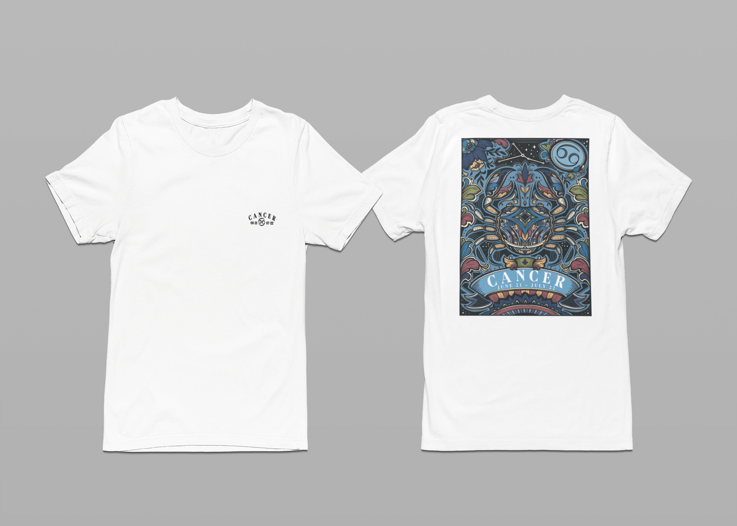 Colorful Cancer Zodiac T-Shirt – Crab with Constellation, Leaves & Flowers