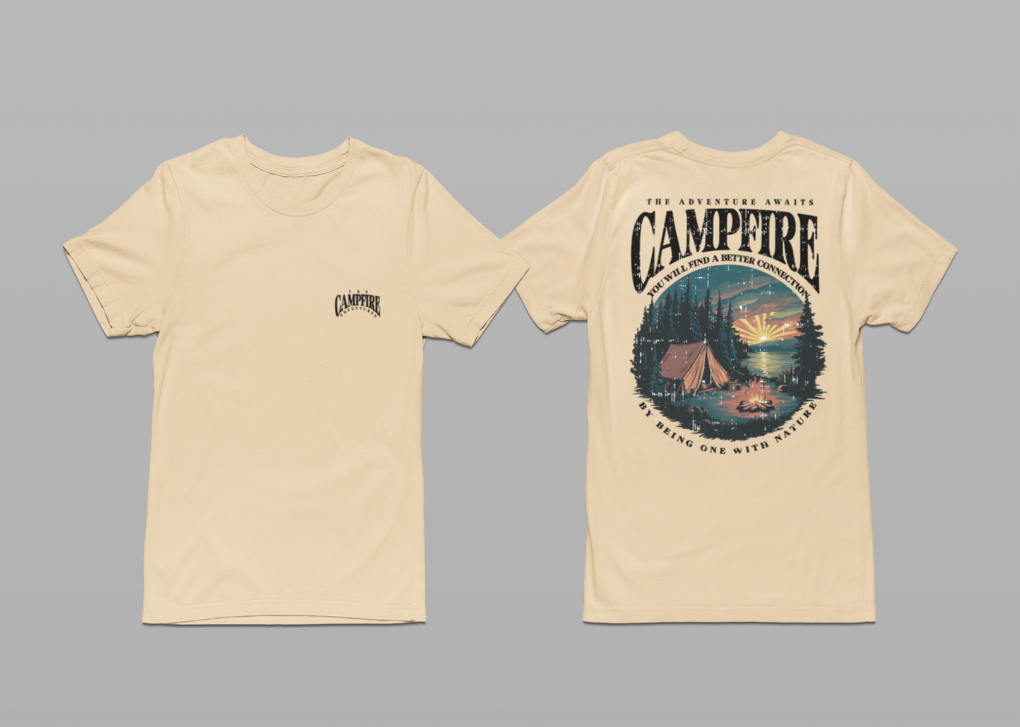 The Adventure Awaits Campfire T-Shirt – Forest Sunset Reflection Graphic