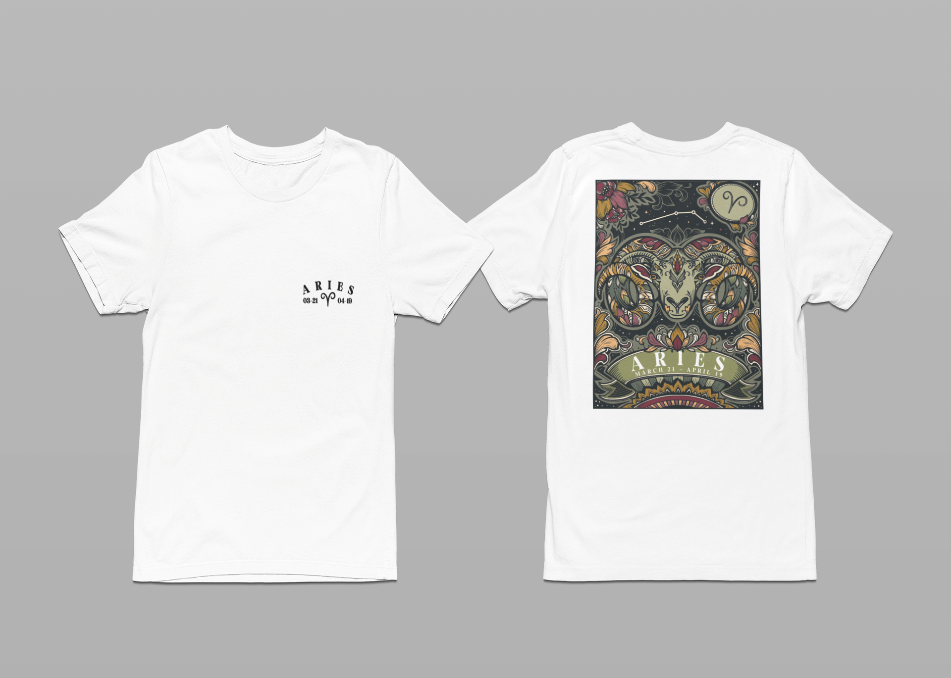 Aries Zodiac T-Shirt – Ram Head with Constellation and Floral Background