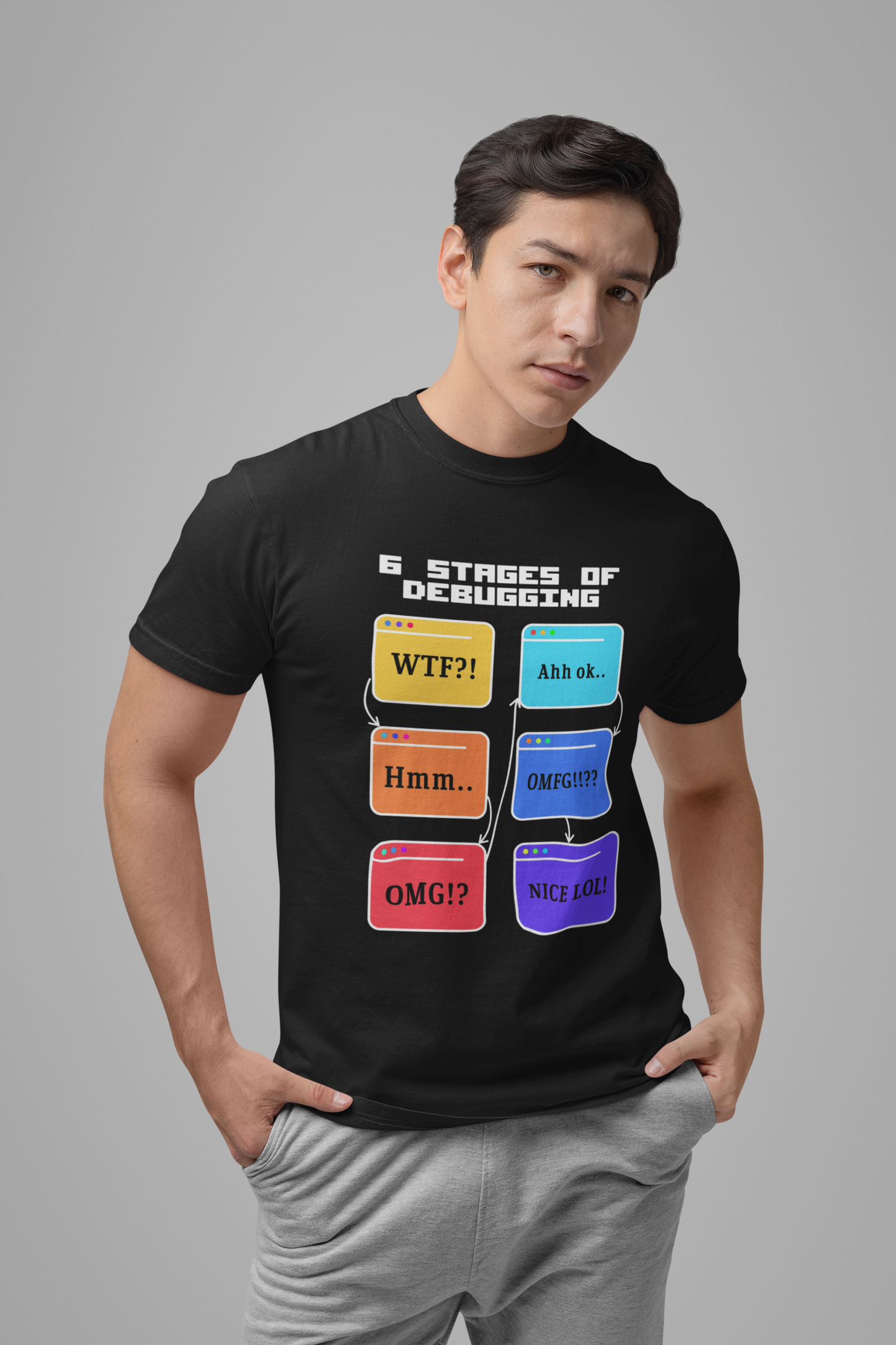 6 Stages of Debugging Funny Flow Diagram T-Shirt