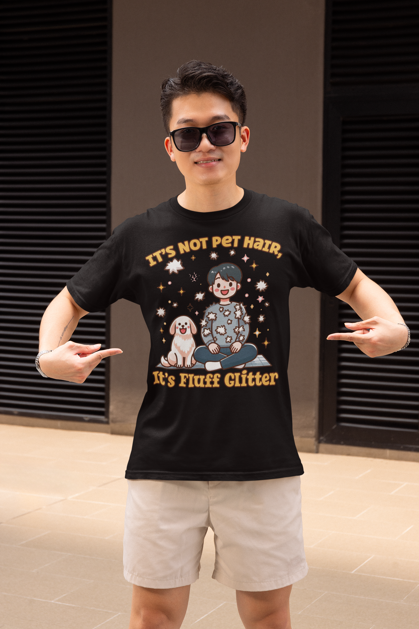 It's Not Pet Hair, It's Fluff Glitter | Smiling Puppy and Boy with Flying Hair & Glitter T-Shirt