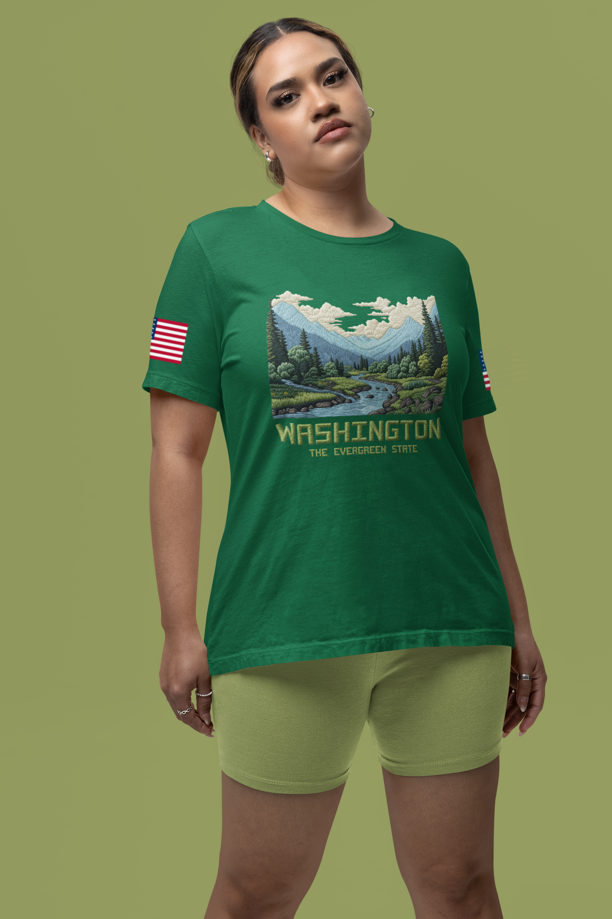 Washington The Evergreen State Embroidery-Style Mountain River Graphic T-Shirt | Pacific Northwest Nature Tee | WA Souvenir