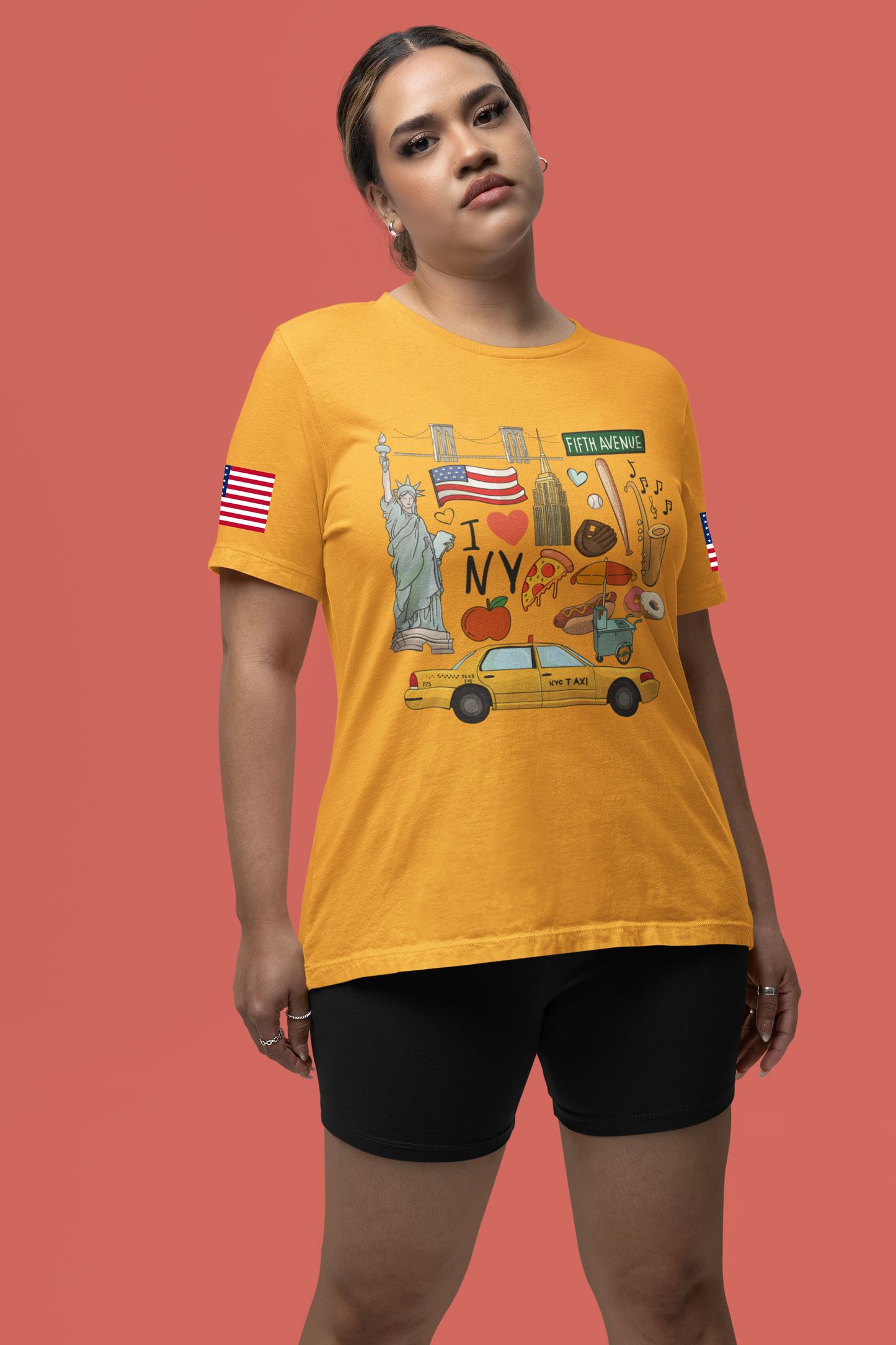 I Love NY T-Shirt - New York City Icons Graphic Tee with Statue of Liberty, Taxi & Food
