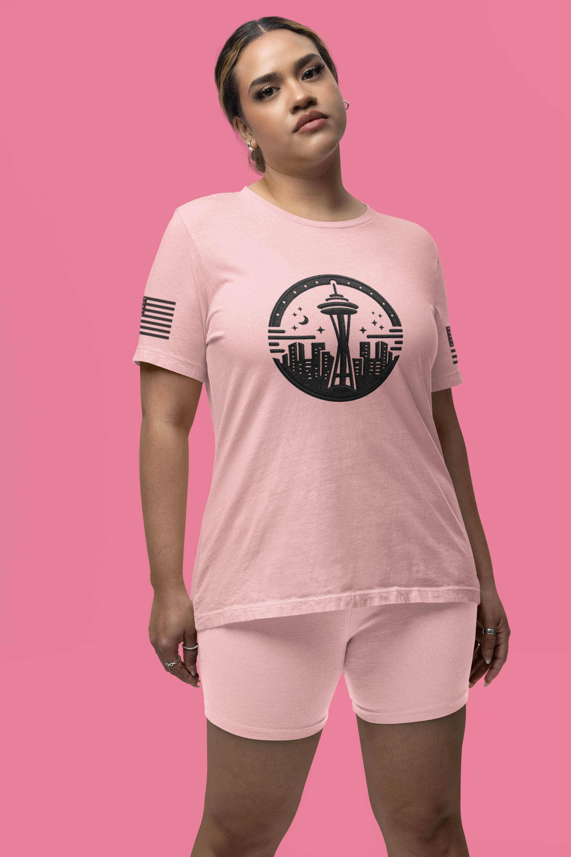 Seattle Space Needle Night Sky Circle Emblem Graphic T-Shirt | Seattle Souvenir Tee | Emerald City Emblem Shirt