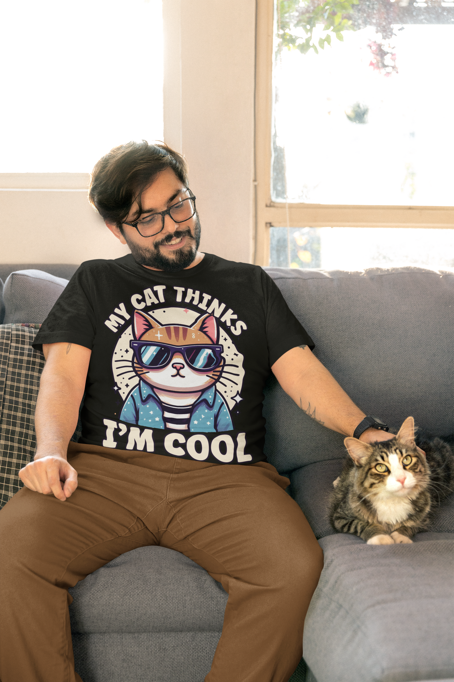 My Cat Thinks I'm Cool | Serious Cat with Sunglasses Graphic T-Shirt