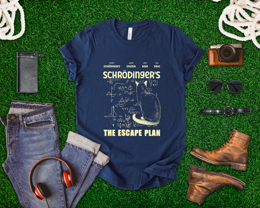 Physics Cat T-Shirt – Schrödinger’s Escape Plan Math Graphic
