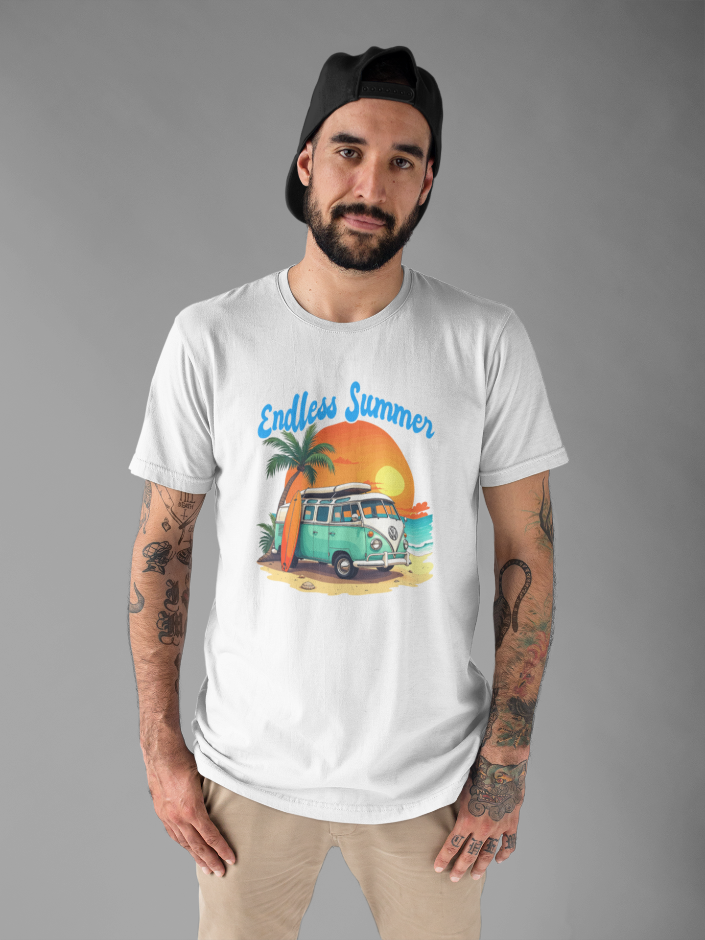 Endless Summer Beach Van with Surfboard and Palm Tree Sunset Graphic T-Shirt
