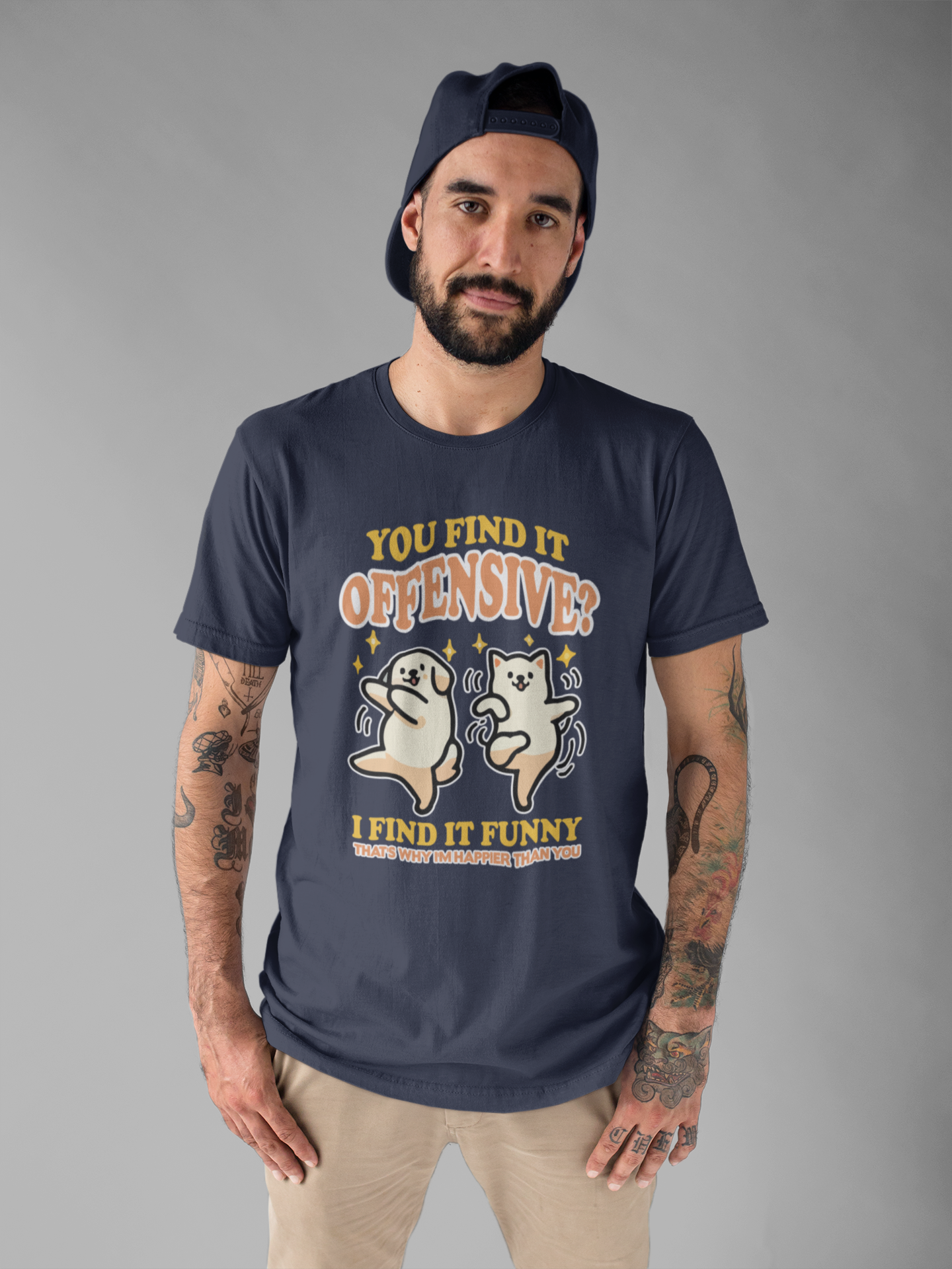 You Find It Offensive? I Find It Funny T-Shirt – Happy Dancing Cat and Dog Humor Graphic Tee