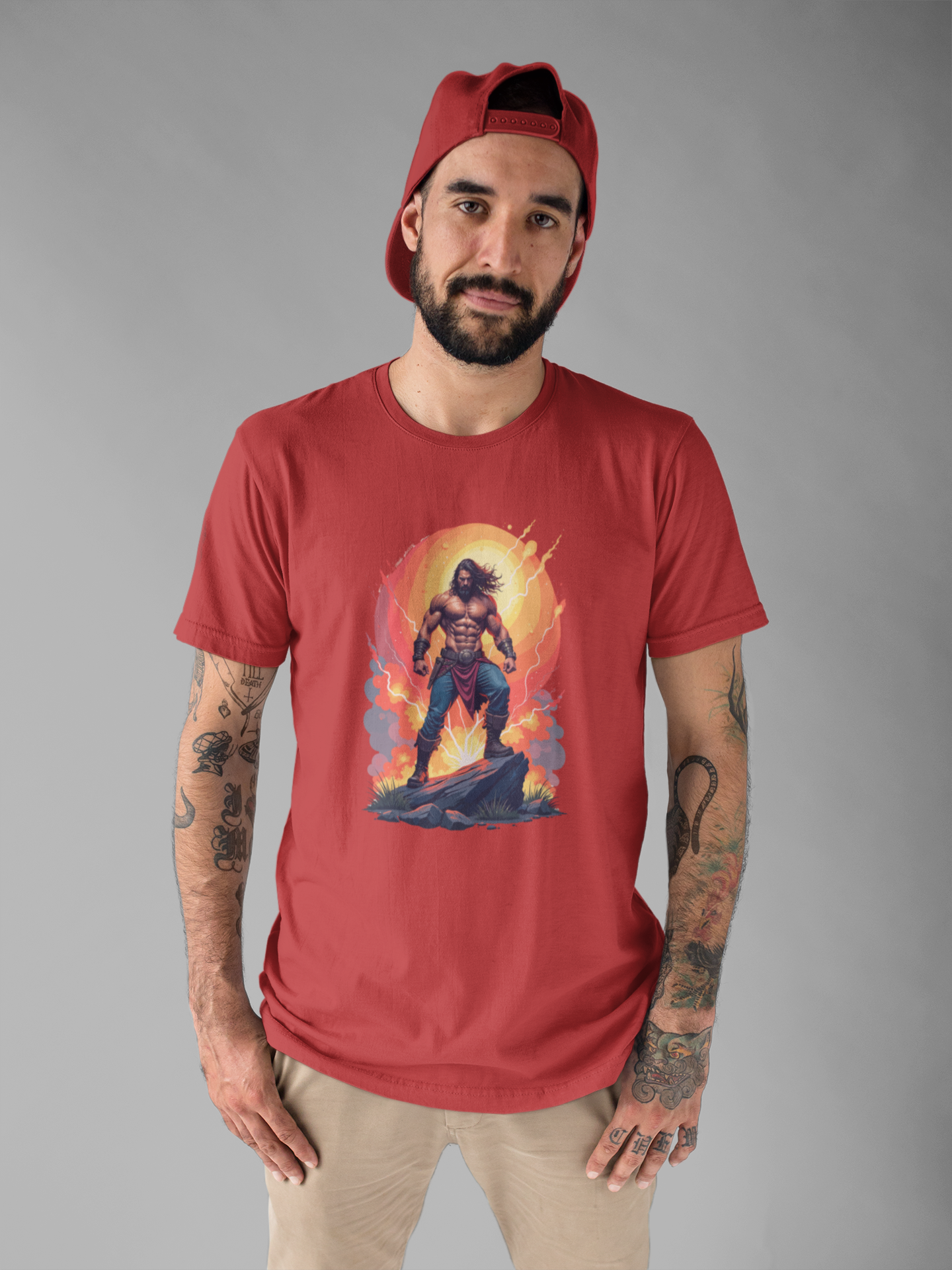 Power Unleashed – Strong Man on Rock with Lightning, Smoke & Fire Splash Graphic T-Shirt