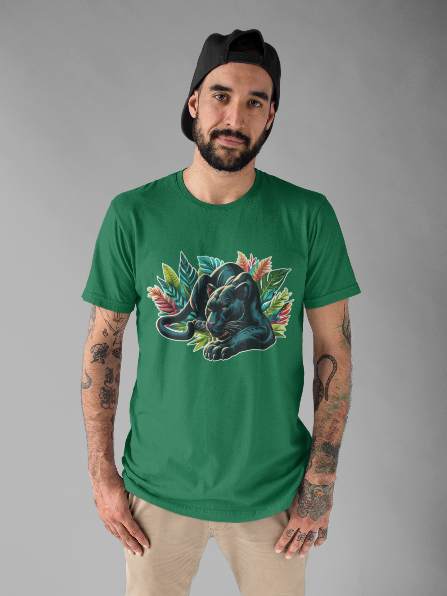 Wild and Beautiful - Black Panther with Claws Out and Jungle Leaves Graphic T-Shirt