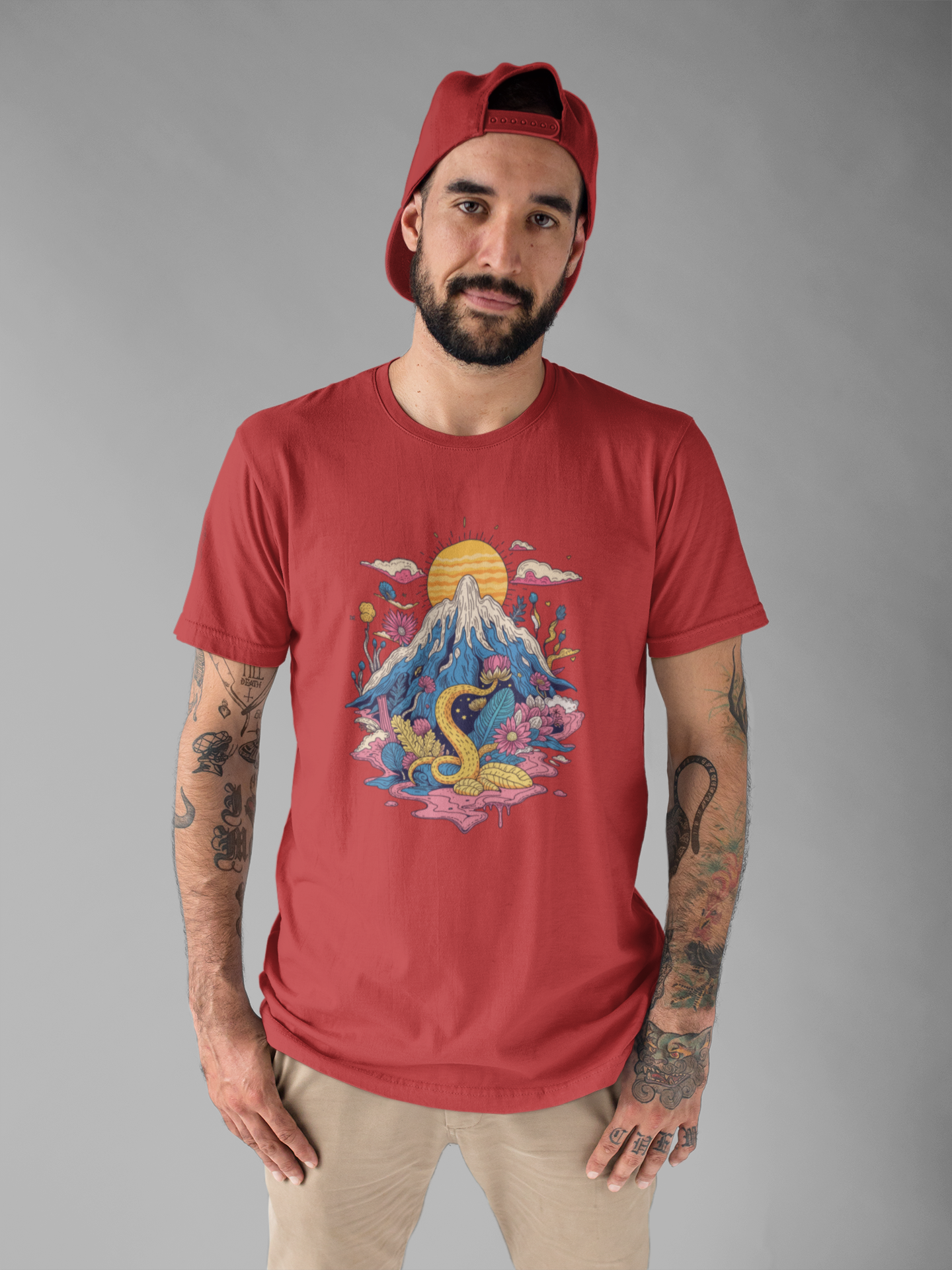 Psychological Jungle Mountain – Psychedelic Sun and Jungle Landscape Graphic T-Shirt
