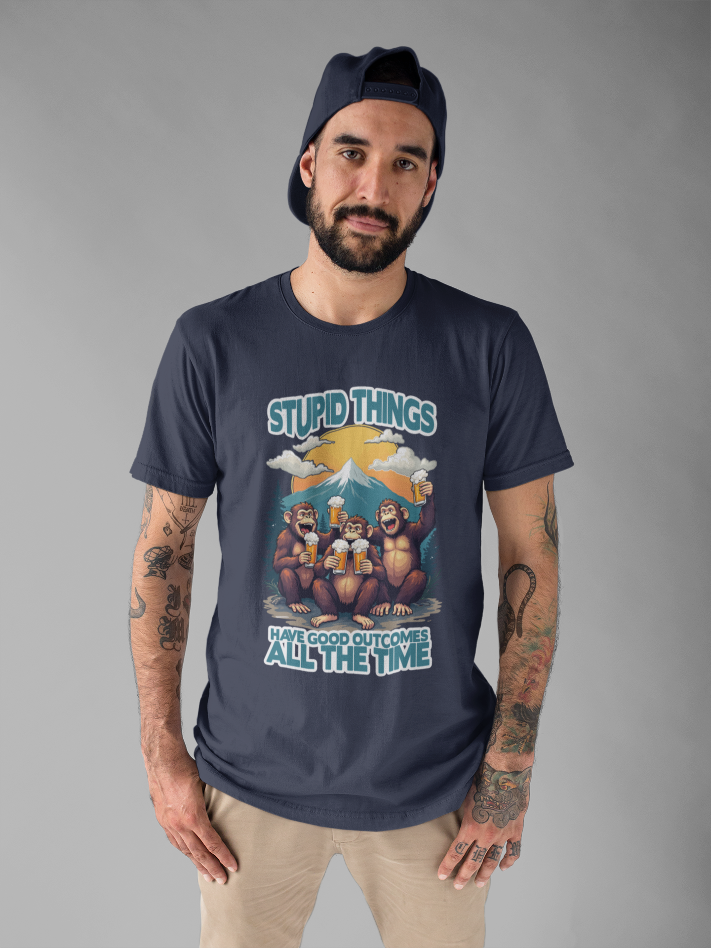 Stupid Things Have Good Outcomes Tshirt – Three Monkeys Cheers with Beer Mugs & Mountain Scene